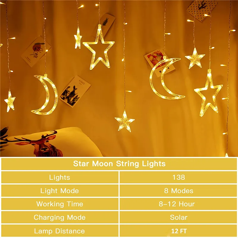 Solar Star Moon String Light Outdoor with Remote 138 LED 8 Lighting Modes